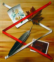 Trompe l'Oeil with Maple Leaf, Feather and Card.  Oil on Canvas, Moscow 1988. 32x24