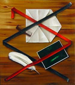 Trompe l'Oeil with Envelope and Moonlight Card.  Oil on Canvas, Moscow 1988 32x24