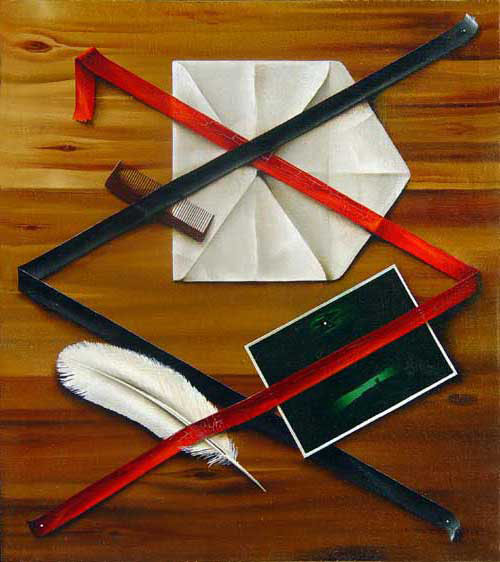 Trompe l'Oeil with Envelope and Moonlight Card.  Oil on Canvas, Moscow 1988. 32x24