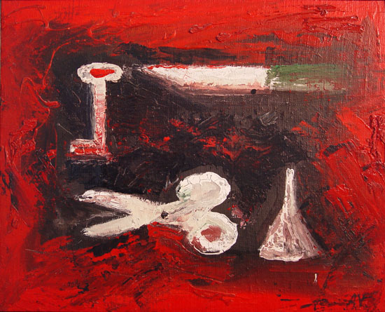 Items on Red with Funnel and Scissors.  Oil on Board, Moscow 1989. 14x18