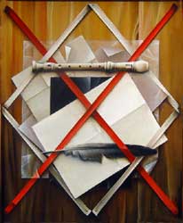 Trompe l'Oeil with Feather and Pipe.  Oil on Canvas, Moscow 1977. 32x24