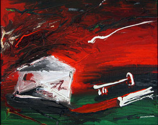 Red and Green with Envelope and Key.  Oil on Board, Moscow 1989 14x18